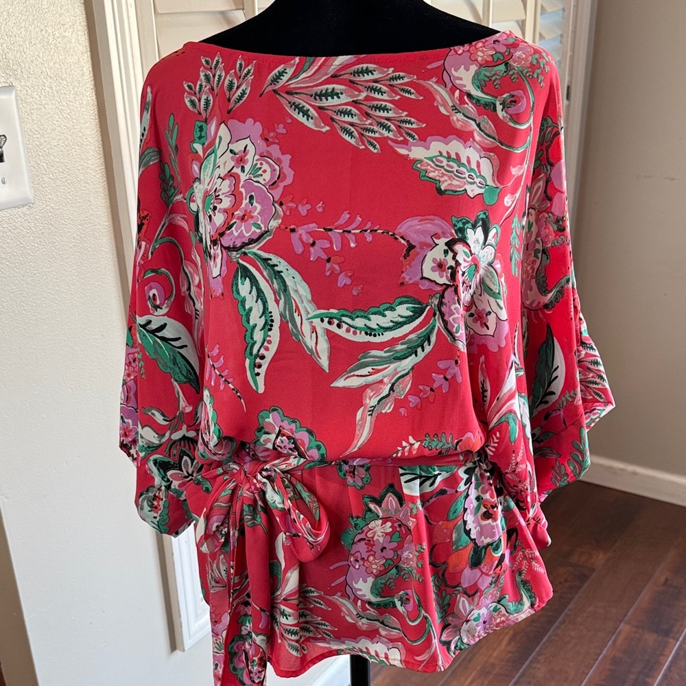 New York & Company Dark Coral Floral Blouse